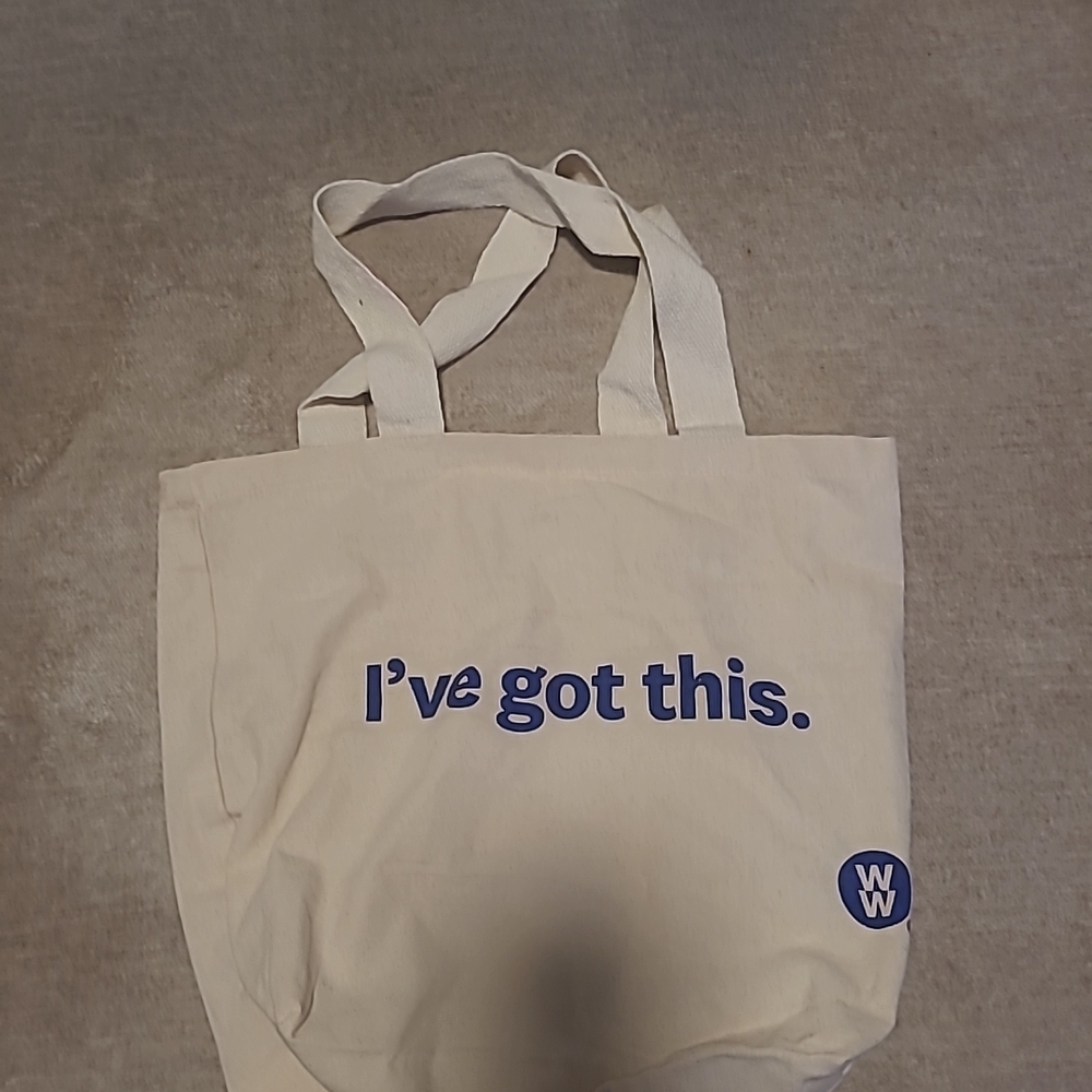 Cream Tote Bag with Blue Text